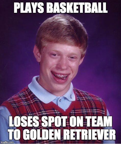 Bad Luck Brian | PLAYS BASKETBALL LOSES SPOT ON TEAM TO GOLDEN RETRIEVER | image tagged in memes,bad luck brian | made w/ Imgflip meme maker