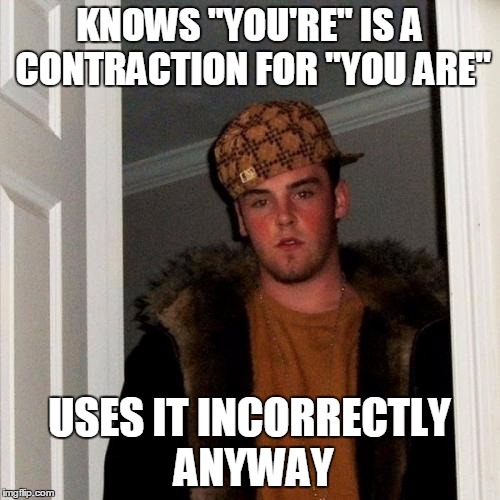 Scumbag Steve Meme | KNOWS "YOU'RE" IS A CONTRACTION FOR "YOU ARE" USES IT INCORRECTLY ANYWAY | image tagged in memes,scumbag steve | made w/ Imgflip meme maker