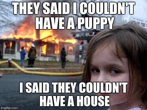 Disaster Girl Meme | THEY SAID I COULDN'T HAVE A PUPPY I SAID THEY COULDN'T HAVE A HOUSE | image tagged in memes,disaster girl | made w/ Imgflip meme maker