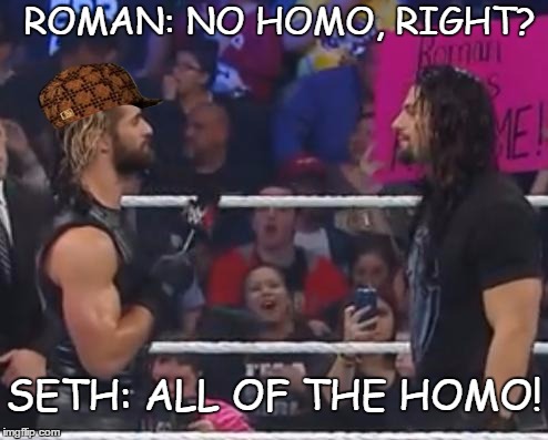 Seth and Roman WWE | ROMAN: NO HOMO, RIGHT? SETH: ALL OF THE HOMO! | image tagged in seth and roman wwe,scumbag | made w/ Imgflip meme maker