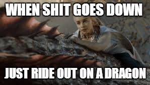 When shit goes down ride out on a dragon game of thrones meme | WHEN SHIT GOES DOWN JUST RIDE OUT ON A DRAGON | image tagged in game of thrones,dragons,daenerys targaryen | made w/ Imgflip meme maker