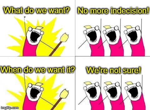 What Do We Want | What do we want? No more indecision! When do we want it? We're not sure! | image tagged in memes,what do we want | made w/ Imgflip meme maker