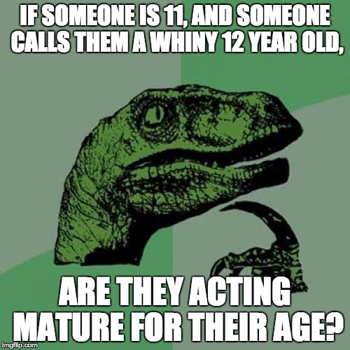 Philosoraptor | IF SOMEONE IS 11, AND SOMEONE CALLS THEM A WHINY 12 YEAR OLD, ARE THEY ACTING MATURE FOR THEIR AGE? | image tagged in memes,philosoraptor | made w/ Imgflip meme maker