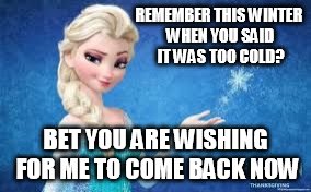 elsa | REMEMBER THIS WINTER WHEN YOU SAID IT WAS TOO COLD? BET YOU ARE WISHING FOR ME TO COME BACK NOW | image tagged in elsa | made w/ Imgflip meme maker