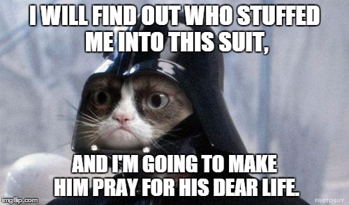 Grumpy Cat Star Wars Meme | I WILL FIND OUT WHO STUFFED ME INTO THIS SUIT, AND I'M GOING TO MAKE HIM PRAY FOR HIS DEAR LIFE. | image tagged in memes,grumpy cat star wars,grumpy cat | made w/ Imgflip meme maker