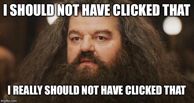 Hagrid | I SHOULD NOT HAVE CLICKED THAT I REALLY SHOULD NOT HAVE CLICKED THAT | image tagged in hagrid | made w/ Imgflip meme maker