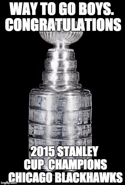 Love my Blackhawks | WAY TO GO BOYS. CONGRATULATIONS 2015 STANLEY CUP  CHAMPIONS CHICAGO BLACKHAWKS | image tagged in chicago blackhawks,nhl | made w/ Imgflip meme maker