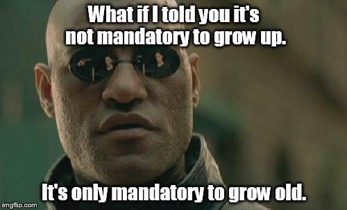 Matrix Morpheus | What if I told you it's not mandatory to grow up. It's only mandatory to grow old. | image tagged in memes,matrix morpheus | made w/ Imgflip meme maker