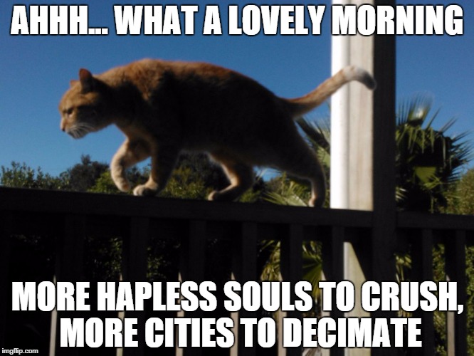 AHHH... WHAT A LOVELY MORNING MORE HAPLESS SOULS TO CRUSH, MORE CITIES TO DECIMATE | image tagged in flynndacat | made w/ Imgflip meme maker