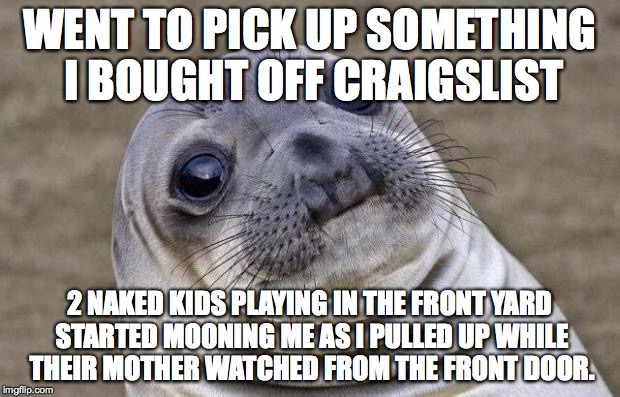 Awkward Moment Sealion | WENT TO PICK UP SOMETHING I BOUGHT OFF CRAIGSLIST 2 NAKED KIDS PLAYING IN THE FRONT YARD STARTED MOONING ME AS I PULLED UP WHILE THEIR MOTHE | image tagged in memes,awkward moment sealion,AdviceAnimals | made w/ Imgflip meme maker