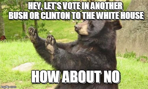 How About No Bear Meme | HEY, LET'S VOTE IN ANOTHER BUSH OR CLINTON TO THE WHITE HOUSE HOW ABOUT NO HEY, LET'S VOTE IN ANOTHER BUSH OR CLINTON TO THE WHITE HOUSE | image tagged in memes,how about no bear,scumbag | made w/ Imgflip meme maker