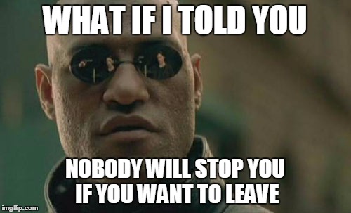Matrix Morpheus Meme | WHAT IF I TOLD YOU NOBODY WILL STOP YOU IF YOU WANT TO LEAVE | image tagged in memes,matrix morpheus | made w/ Imgflip meme maker