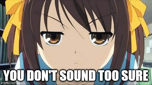 Haruhi stare | YOU DON'T SOUND TOO SURE | image tagged in haruhi stare | made w/ Imgflip meme maker