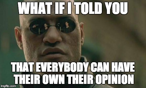 Matrix Morpheus | WHAT IF I TOLD YOU THAT EVERYBODY CAN HAVE THEIR OWN THEIR OPINION | image tagged in memes,matrix morpheus | made w/ Imgflip meme maker