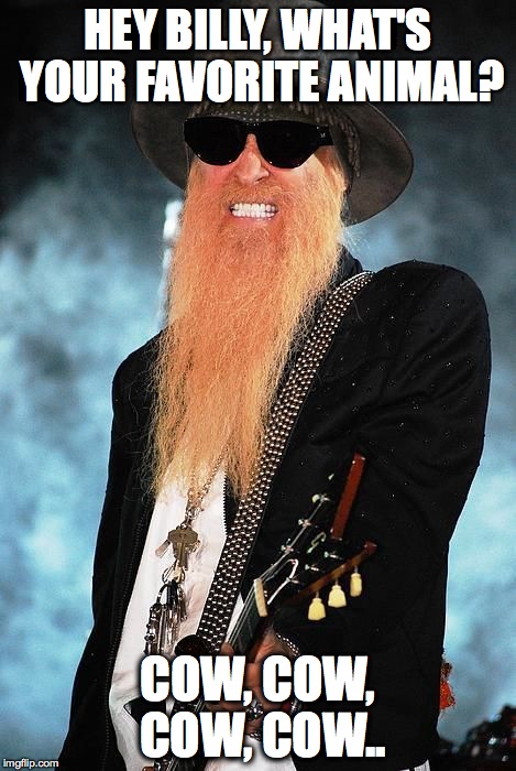 Billy Gibbons | HEY BILLY, WHAT'S YOUR FAVORITE ANIMAL? COW, COW, COW, COW.. | image tagged in billy gibbons | made w/ Imgflip meme maker