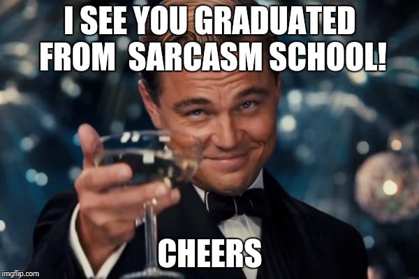 Leonardo Dicaprio Cheers | I SEE YOU GRADUATED FROM  SARCASM SCHOOL! CHEERS | image tagged in memes,leonardo dicaprio cheers | made w/ Imgflip meme maker