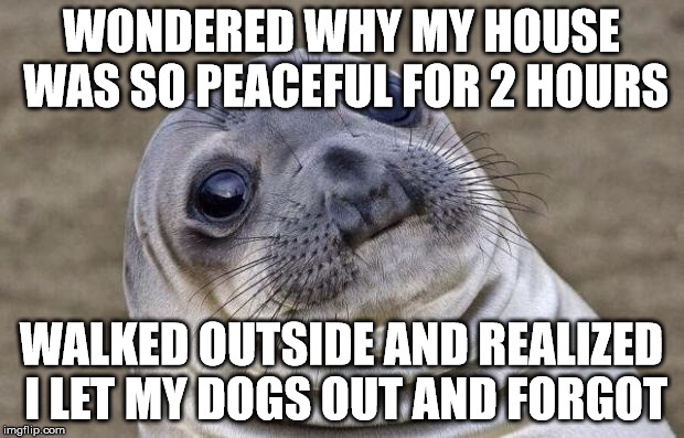 Awkward Moment Sealion | WONDERED WHY MY HOUSE WAS SO PEACEFUL FOR 2 HOURS WALKED OUTSIDE AND REALIZED I LET MY DOGS OUT AND FORGOT | image tagged in memes,awkward moment sealion | made w/ Imgflip meme maker