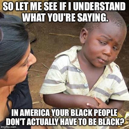 Third World Skeptical Kid | SO LET ME SEE IF I UNDERSTAND WHAT YOU'RE SAYING. IN AMERICA YOUR BLACK PEOPLE DON'T ACTUALLY HAVE TO BE BLACK? | image tagged in memes,third world skeptical kid | made w/ Imgflip meme maker