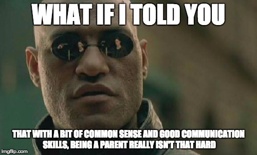 Matrix Morpheus Meme | WHAT IF I TOLD YOU THAT WITH A BIT OF COMMON SENSE AND GOOD COMMUNICATION SKILLS, BEING A PARENT REALLY ISN'T THAT HARD | image tagged in memes,matrix morpheus | made w/ Imgflip meme maker