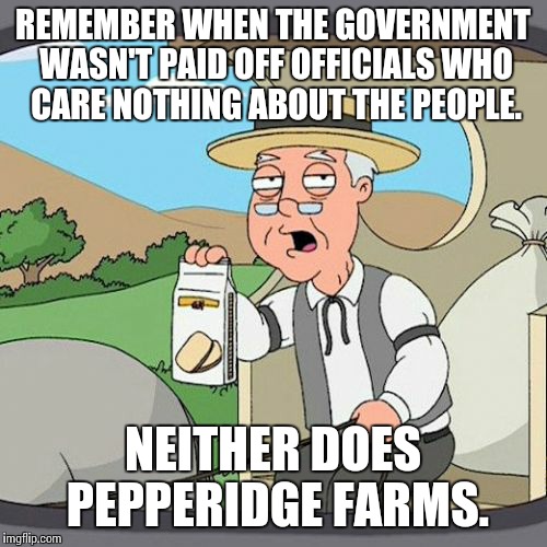Pepperidge Farm Remembers | REMEMBER WHEN THE GOVERNMENT WASN'T PAID OFF OFFICIALS WHO CARE NOTHING ABOUT THE PEOPLE. NEITHER DOES PEPPERIDGE FARMS. | image tagged in memes,pepperidge farm remembers | made w/ Imgflip meme maker