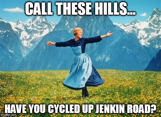 hills | CALL THESE HILLS... HAVE YOU CYCLED UP JENKIN ROAD? | image tagged in hills | made w/ Imgflip meme maker