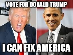 trump | VOTE FOR DONALD TRUMP I CAN FIX AMERICA | image tagged in donald trump,obama,politics | made w/ Imgflip meme maker