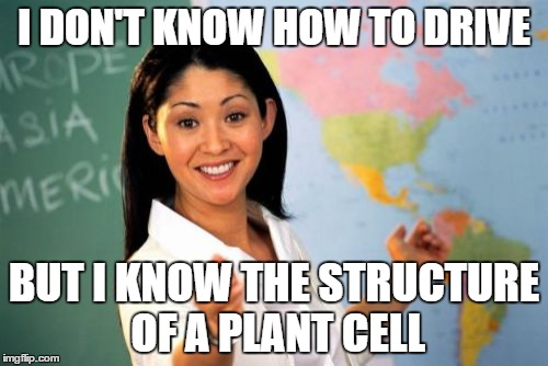 Unhelpful High School Teacher | I DON'T KNOW HOW TO DRIVE BUT I KNOW THE STRUCTURE OF A PLANT CELL | image tagged in memes,unhelpful high school teacher | made w/ Imgflip meme maker