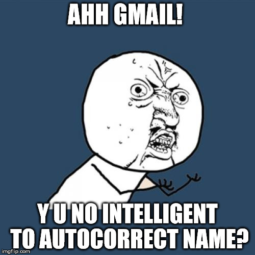 Y U No Meme | AHH GMAIL! Y U NO INTELLIGENT TO AUTOCORRECT NAME? | image tagged in memes,y u no | made w/ Imgflip meme maker