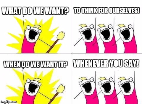 What Do We Want Meme | WHAT DO WE WANT? TO THINK FOR OURSELVES! WHEN DO WE WANT IT? WHENEVER YOU SAY! | image tagged in memes,what do we want | made w/ Imgflip meme maker