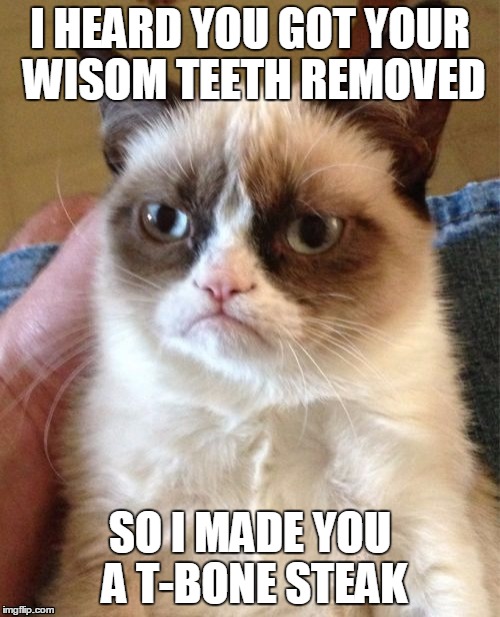 Grumpy Cat Meme | I HEARD YOU GOT YOUR WISOM TEETH REMOVED SO I MADE YOU A T-BONE STEAK | image tagged in memes,grumpy cat | made w/ Imgflip meme maker