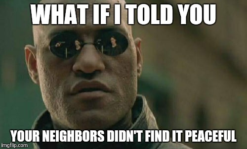 Matrix Morpheus Meme | WHAT IF I TOLD YOU YOUR NEIGHBORS DIDN'T FIND IT PEACEFUL | image tagged in memes,matrix morpheus | made w/ Imgflip meme maker
