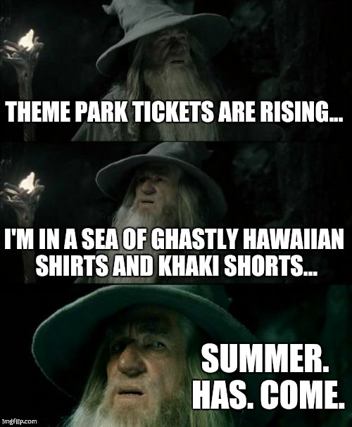Confused Gandalf Meme | THEME PARK TICKETS ARE RISING... I'M IN A SEA OF GHASTLY HAWAIIAN SHIRTS AND KHAKI SHORTS... SUMMER. HAS. COME. | image tagged in memes,confused gandalf | made w/ Imgflip meme maker
