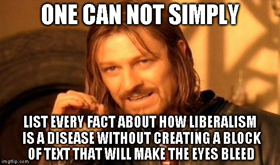 One Does Not Simply Meme | ONE CAN NOT SIMPLY LIST EVERY FACT ABOUT HOW LIBERALISM IS A DISEASE WITHOUT CREATING A BLOCK OF TEXT THAT WILL MAKE THE EYES BLEED | image tagged in memes,one does not simply | made w/ Imgflip meme maker