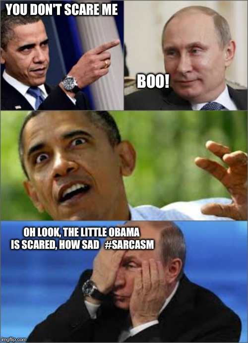 Obama v Putin | YOU DON'T SCARE ME BOO! OH LOOK, THE LITTLE OBAMA IS SCARED, HOW SAD   #SARCASM | image tagged in obama v putin | made w/ Imgflip meme maker