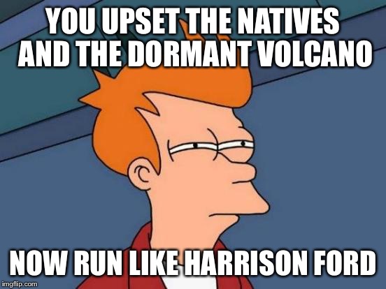 Futurama Fry Meme | YOU UPSET THE NATIVES AND THE DORMANT VOLCANO NOW RUN LIKE HARRISON FORD | image tagged in memes,futurama fry | made w/ Imgflip meme maker