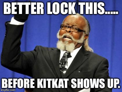 Too Damn High Meme | BETTER LOCK THIS..... BEFORE KITKAT SHOWS UP. | image tagged in memes,too damn high | made w/ Imgflip meme maker