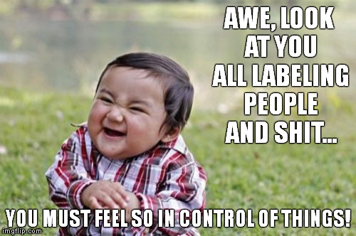 Evil Toddler | AWE, LOOK AT YOU ALL LABELING PEOPLE AND SHIT... YOU MUST FEEL SO IN CONTROL OF THINGS! | image tagged in memes,evil toddler | made w/ Imgflip meme maker
