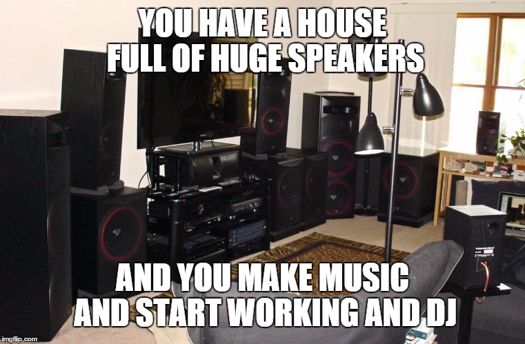 DJ Meme | YOU HAVE A HOUSE FULL OF HUGE SPEAKERS AND YOU MAKE MUSIC AND START WORKING AND DJ | image tagged in dj speakers,fl studio,dj,party,loud bass,dubstep | made w/ Imgflip meme maker