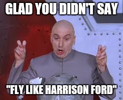 Dr Evil Laser Meme | GLAD YOU DIDN'T SAY "FLY LIKE HARRISON FORD" | image tagged in memes,dr evil laser | made w/ Imgflip meme maker