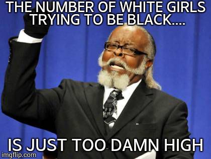 Nappy headed NAACP girl | THE NUMBER OF WHITE GIRLS TRYING TO BE BLACK.... IS JUST TOO DAMN HIGH | image tagged in memes,too damn high | made w/ Imgflip meme maker