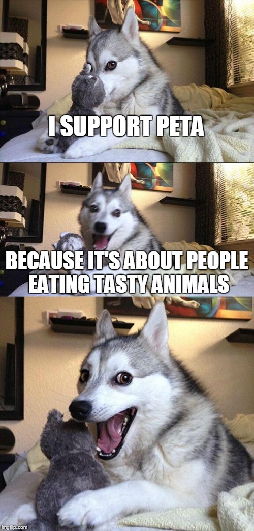 PETA =
P.eople
E.ating
T.asty
A.nimals | I SUPPORT PETA BECAUSE IT'S ABOUT PEOPLE EATING TASTY ANIMALS | image tagged in memes,bad pun dog,peta,lol | made w/ Imgflip meme maker