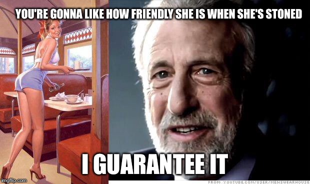 I guarantee it | YOU'RE GONNA LIKE HOW FRIENDLY SHE IS WHEN SHE'S STONED I GUARANTEE IT | image tagged in i guarantee it | made w/ Imgflip meme maker