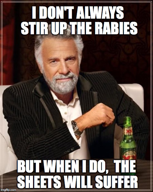 The Most Interesting Man In The World | I DON'T ALWAYS STIR UP THE RABIES BUT WHEN I DO,  THE SHEETS WILL SUFFER | image tagged in memes,the most interesting man in the world | made w/ Imgflip meme maker