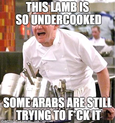 Chef Gordon Ramsay | THIS LAMB IS SO UNDERCOOKED SOME ARABS ARE STILL TRYING TO F*CK IT | image tagged in memes,chef gordon ramsay | made w/ Imgflip meme maker