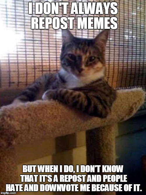 The Most Interesting Cat In The World Meme | I DON'T ALWAYS REPOST MEMES BUT WHEN I DO, I DON'T KNOW THAT IT'S A REPOST AND PEOPLE HATE AND DOWNVOTE ME BECAUSE OF IT. | image tagged in memes,the most interesting cat in the world | made w/ Imgflip meme maker