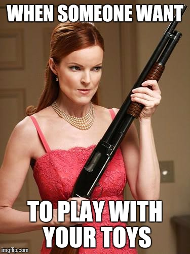 desperate with shootgun | WHEN SOMEONE WANT TO PLAY WITH YOUR TOYS | image tagged in desperate with shootgun | made w/ Imgflip meme maker
