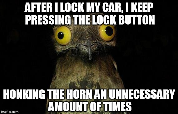 Weird Stuff I Do Potoo | AFTER I LOCK MY CAR, I KEEP PRESSING THE LOCK BUTTON HONKING THE HORN AN UNNECESSARY AMOUNT OF TIMES | image tagged in memes,weird stuff i do potoo | made w/ Imgflip meme maker