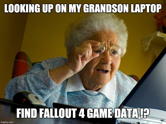 Grandma Finds The Internet | LOOKING UP ON MY GRANDSON LAPTOP FIND FALLOUT 4 GAME DATA !? | image tagged in memes,grandma finds the internet | made w/ Imgflip meme maker