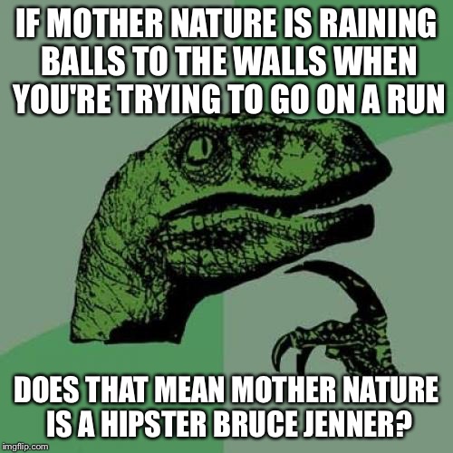 Philosoraptor Meme | IF MOTHER NATURE IS RAINING BALLS TO THE WALLS WHEN YOU'RE TRYING TO GO ON A RUN DOES THAT MEAN MOTHER NATURE IS A HIPSTER BRUCE JENNER? | image tagged in memes,philosoraptor | made w/ Imgflip meme maker