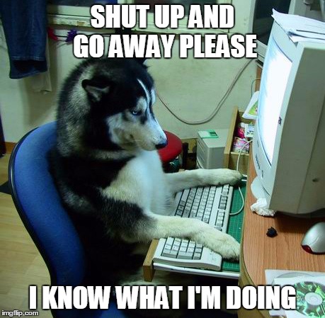 I Have No Idea What I Am Doing | SHUT UP AND GO AWAY PLEASE I KNOW WHAT I'M DOING | image tagged in memes,i have no idea what i am doing | made w/ Imgflip meme maker